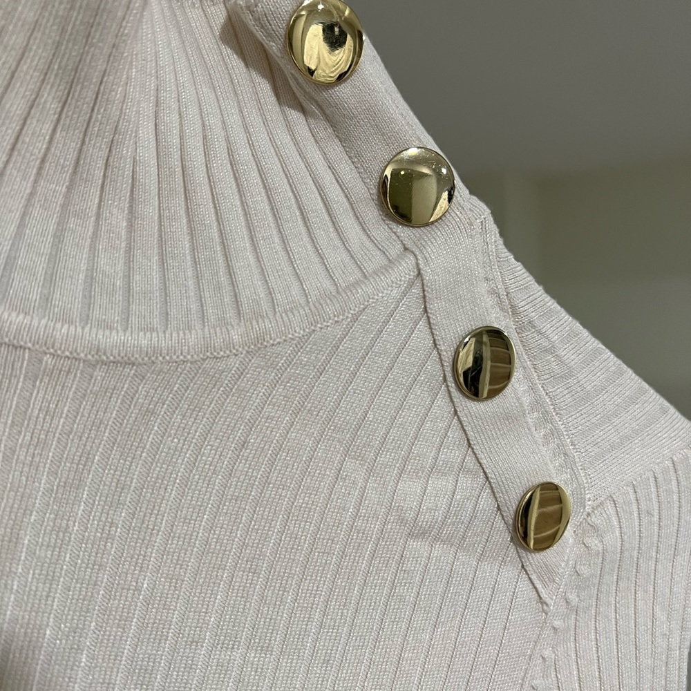 ZARA White Ribbed Knit MIDI Dress with Gold Buttons SIZE L - Picture 3 of 3